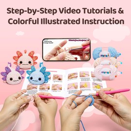 Mewaii Beginner Crochet Kit with 40% Extra Yarn, Pre-Started Yarn & Video Tutorials - 3 Axolotl Craft Set for Adults & Kids