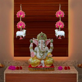 SAJTOX Handmade Artificial Pink Lotus Flower Hangings with Cow Style Motifs for Decoration, Indian Wall Decor for Festival, Home, Temple and Door Entrance (10x42 cm)