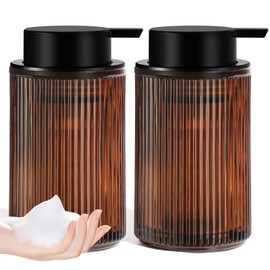 KASUNTING Amber Glass Foaming Soap Dispenser, Ribbed Foam Hand Soap Dispenser for Bathroom, 11 Fl Oz 2 Pack Refillable Foaming Pump Bottle with Black Pump, Modern Dish Soap Foam Dispenser