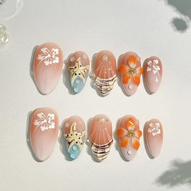 24Pcs Summer Beach Press on Nails Medium Almond Fake Nails with 3d Starfish Designs Hibiscus Flower Acrylic Nails Full Cover French Nail Tips Pearl Rhinestone Stick on Nails for Women Nail Supplies