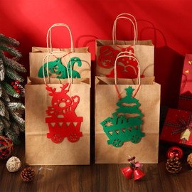 Kolldenn 24 Set Large Christmas Gift Bags Bulk with Merry Christmas Fabric Pendant, Christmas Kraft Paper Bags with Handles Christmas Party Gift Bags for Xmas Holiday Party Favors(Train Style)
