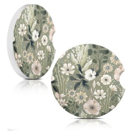 Absorbent Car Cupholder Coaster 2 Pack,Ceramic Stone with a Finger Notch for Women & Lady,Cork Base Drink Coasters 2.56 Inch,Cute Auto Accessories Gifts（Boho Green Flower）