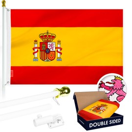 Flag Pole 6Ft White & Spain Spanish Flag 3x5FT Double Sided Embroidered By G128