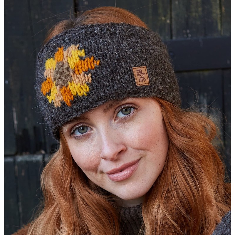 Pachamama Women Wool Ear Warmer Headband Fleece Lined Handknitted Sunflower