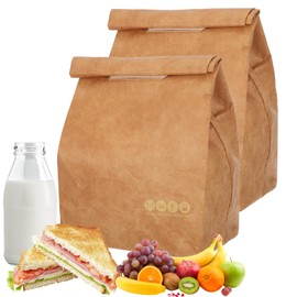 EYUNSTAR 2 Pcs Insulated Brown Paper Lunch Bags, Reusable Lunch Bag Large Retro Sacks Thermal Insulation Food Storage Handbag for Adults Office Work Picnic Travel Snacks