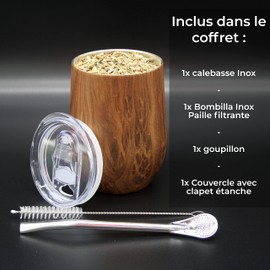 Veegreen Yerba Maté Cup Set, Argentina, Calabash + Bombilla Straw + Lid, Ideal Drinking Bottle for Drinking on Hot Maté (Wood Effect)