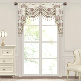 Loom and Mill Luxury European Waterfall Valance for Living Room Bedroom, Elegant Floral Jacquard Swag Window Valances with Tassels, Damask Swag Curtains for Banquet Wedding Holiday(W59Inch,1 Panel)