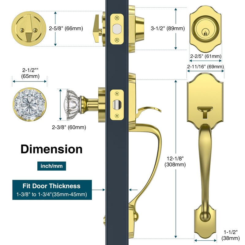 Calzibeno Satin Brass Front Door Handle and Deadbolt Set, Front