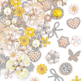 Giegxin 48 Pcs Rhinestone Buttons for Crafts Faux Pearl Embellishments Button Butterfly Flower Vintage Brooch for Wedding Decorations Jewelry Making DIY Clothes Bag Shoes Supplies (Yellow White)
