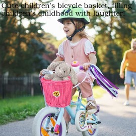 Children's Bicycle Basket, Braided Bicycle Basket for Girls and Children, Front, Wicker Basket Front with Leather Straps, Streamers Bicycle Bell Sticker, Girls' Bicycle Basket Accessories
