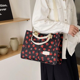 mcuvaec Cherry Tote Bag for Women Canvas Patched Purse Cute Shoulder Bag Multi-Pocket Satchel Handbag for work travel (strawberry black)