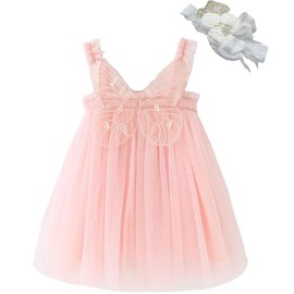 Bow Dream Baby Girls Toddler Butterfly Wings Tutu Dress Infant Tulle Dress Party Princess Dress with Flower Headband A Light Peach 3-6 Months