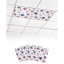 4th of July Fluorescent Lights Covers for Ceiling Lights Patriotic Star Stripes Magnetic Light Filters 4 Pack 4x2 ft Fireworks Flag Red White and Blue Ceiling Light Cover for Classroom Office