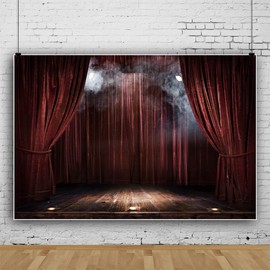 YongFoto 3 x 2.5 m Vinyl Stage Photo Background Brown Curtain Wooden Floor Smoky Headlight Magic Theatre Stage for Party Event Photography Video Background Studio Props Wallpaper