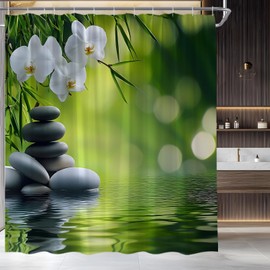 YSATNSFT Spa Shower Curtain Zen Garden Green Bamboo Black Stone Floral Water Relax Nature Japanese Asian Fabric Bathroom Decor Set with Hooks,(70" WX70 H)