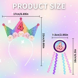 Vovii Rainbow Birthday Girl Headband & Badge for 4 Year Old Girls, Princess Crown Headband for 4th Birthday Decorations