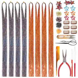 CelineBella Hair Tinsel Extensions, Grey and Copper Gold Color,4 Pcs Each, Sparkle Hair Strands,Colorful Glitter Tinsel Hair Highlights for Women Girls(Boxed)