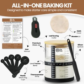 ZK ONE 50 oz Sourdough Starter Kit – Large Wide-Mouth Glass Sourdough Jar with Wooden Lid, Cloth Cover, Silicone Spatula, Thermometer Sticker & 5-in-1 Spoon – Complete Sour Dough Starter Jar