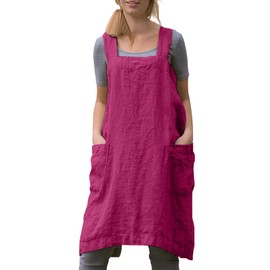 Dianinfa Women Cotton Linen Apron with 2 Pockets Kitchen Baking Cooking Chef Cross Back Pinafore Dress for Work Restaurant Gardening
