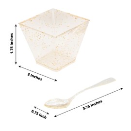 24 Clear 2 oz Disposable Gold Glittered Square Plastic Dessert Cups Spoons Party Events Tableware Decorations Supplies