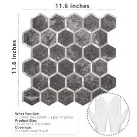 STICKGOO Hexagon Peel and Stick Backsplash Tile, Stick on Backsplash for Kitchen and Bathroom, Black Slate Look PVC Mixed Metal Silver Self Adhesive Wall Tiles(10 Sheets, Seamless)
