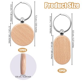 24 Blank Wooden Key Fob Blank Round Wooden Key Ring + Rectangular Key Ring DIY Blank Wooden Key Ring for Painting Decoration Gifts