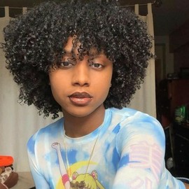 Kinky Curly Afro Full Wigs for Black Women Premium Brazilian Human Hair Short Bouncy Lightweight Afro Wigs for Black Women Machine Made American Black for Women None Lace Front Glueless African Women Full Wigs (MIKO 10", #1 jet black)