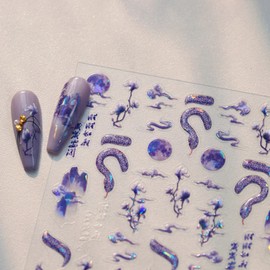 5D Embossed Snake Nail Stickers Purple Nail Art Stickers Self-Adhesive Mountain Nail Decals Chinese Style for Nail Art Flower Moon Nail Supplies Spring Stickers for Women Girls DIY Manicure