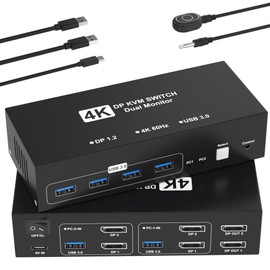 DisplayPort KVM Switch 2 Monitors 2 Computers, 4K@60Hz USB3.0 KVM Switch Display Port for 2 Computers Share Dual Monitors and 4 USB Devices, Computer Switch Monitor Switch for 2 Computers
