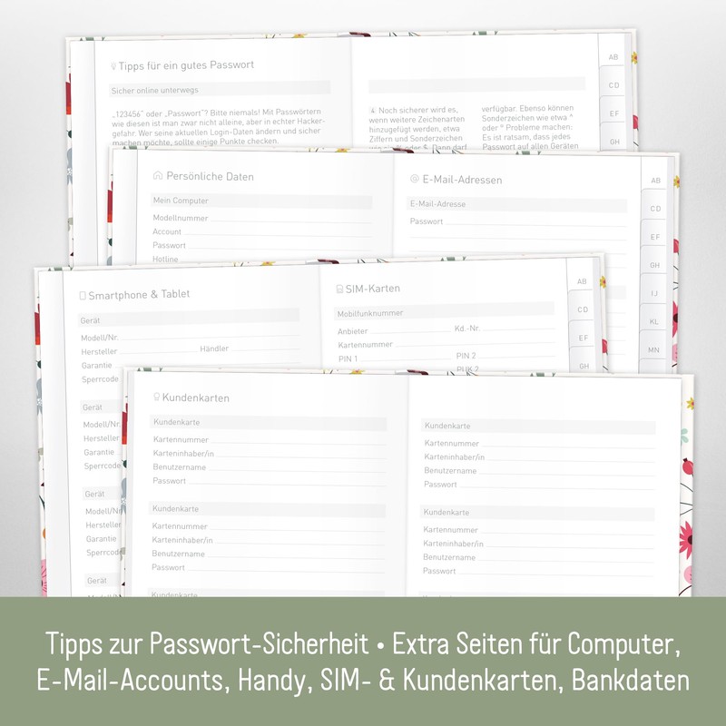 paper&you® Password Book A6+ with Index A-Z "Wild Flower" for