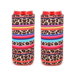Neoprene Slim Beer Can Cooler Tall Stubby Holder Foldable Stubby Holders Beer Cooler Bags Fits 12oz Slim Energy Drink & Beer (Rainbow-Leopard(2Pack))