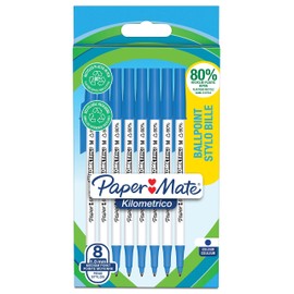 Paper Mate Kilometrico Ballpoint Pens | Long Writing with Medium Point (1.0mm) | Blue Ink | 80% Recycled Plastic | 8 Count