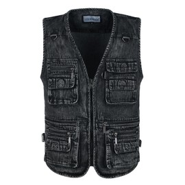 Men's Zipper Multi Pockets Casual Vest Outdoor Travel Fishing Hunting Photo Utility Work Cargo Vests Denim Black