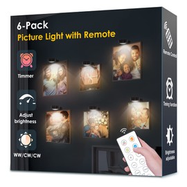 6-Pack Picture Light Battery Operated, Led Lights with Remote, Dimmable and Timer Painting Light, Art Display Light for Picture Frame Artworking Portrait, Home Wall Decor Puck Lights, Black