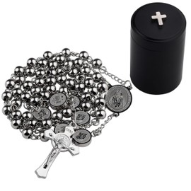 HanlinCC Stainless Steel Catholic Rosary Necklace with Gift Box with Saint Benedict Saint Michael Miraculous medal for Men and Women, 52cm length, Stainless Steel, No Gemstone