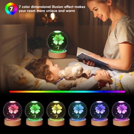 YAZJIWAN 3D Galaxy Crystal Ball Lamp,Large 3D Crystal Ball Lamp, Four Leaf Clover Model Night Light 7 Color Change Bedroom Decor Lamp,Christmas Gifts Birthday Gift for Boys, Girls