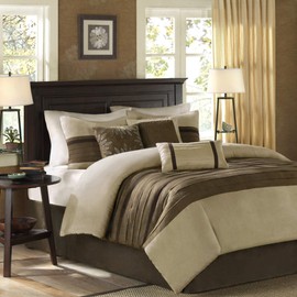 Madison Park Palmer Cozy Comforter Set-Luxury Faux Suede Design, All Season Down Alternative Bedding with Matching Shams, Bedskirt, Decorative Pillows, Full(82"x90"), Natural 7 Piece