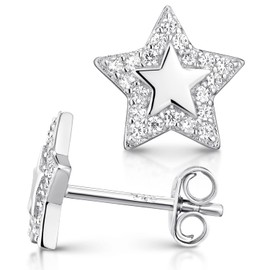 MATERIA by Matthias Wagner SO-280 Star Stud Earrings 925 Silver Women's Earrings 9 mm with Zirconia Stones, Sterling Silver, Cubic Zirconia