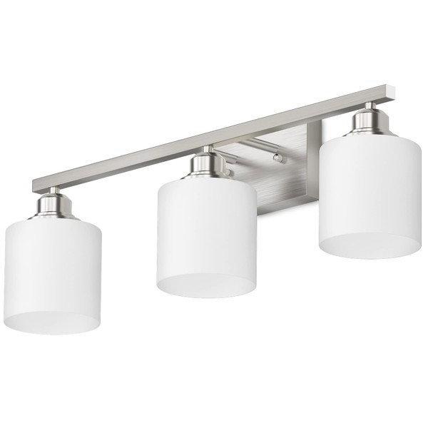 Sailstar Bathroom Light Fixtures, Vanity Lights Brushed Nickel 3 Lights, Modern Bathroom Lights Over Mirror, Glass Shade & Anti-rust Nickel Finished, Bathroom Light for Small Space(Bulbs Not Included)