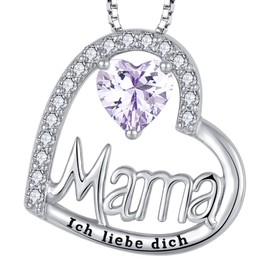 YL Mama Necklace 925 Sterling Silver Engraving "I Love You" Cut 12 Birthstones Zirconia Mum Pendant Chain for Women, Silver, Alexandrite