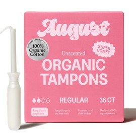 August Regular Tampons - Easy-Glide Long Applicators - 36-Pack 100% Organic Cotton Tampons for Women, Non-Toxic, Fragrance-Free, and Hypoallergenic