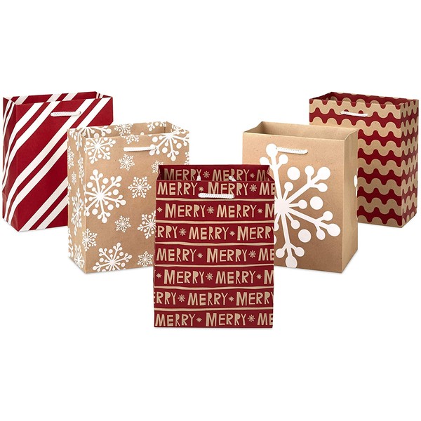 Hallmark 6" Small Holiday Gift Bag Set (Pack of 5; Red, White and Kraft) Snowflakes, Stripes, Merry