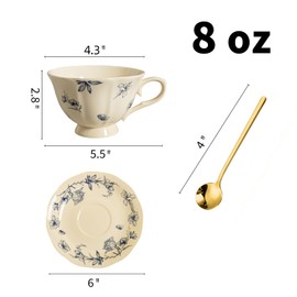 BOGZH Vintage Fancy Porcelain Tea Cup and Saucer Set for 1, 8 oz China Ceramic Coffee & Cappuccino Cup with Gold Spoon, Cream Blue Floral Design, Tea Party Gifts for Women