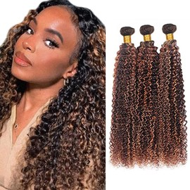 Highlight Kinky Curly 3 Bundles Brazilian Hair P4/30 Human Hair 3 Bundles Tow Tone Hair Bundles Dark Brown Bundles Double Weft Human Hair Bundles for Women 22 24 26 Inches