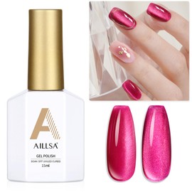 AILLSA Cat Eye Gel Nail Polish Hot Pink Crystal Glitter Gel Polish with Magnet, Purple Shimmer Sparkle Gel Nail Polish Glass Reflective Translucent Jelly Color U V Gel Salon DIY at Home 0.5 OZ GF28