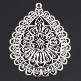 Fashion Jewelry X LARGE FLOWER TEAR DROP MANDALA Pendant on 26" 925 Plated Silver Necklace BOHO