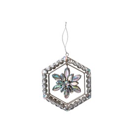 Creative Co-Op Metal and Acrylic Jewel Snowflake Ornament with Hexagon Frame, Silver Finish