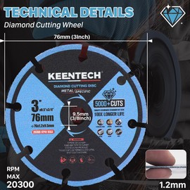 KEENTECH 3 x 3/8 Inch Diamond Cut Off Wheel for Metal Cutting, Compatible with Die Grinder (2-Pack)