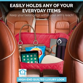 JT HOME Car Net Pocket Handbag Holder Between Seats, Luxury Quilted PU Leather Purse Car Organizer With 2 Extra Pockets For Storage, Red