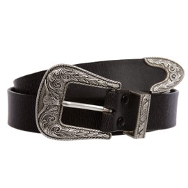 West Cowboy/girl Three Piece Sets Silver Plated Longhorn Buckle Leather Belt, Black | L - 39"